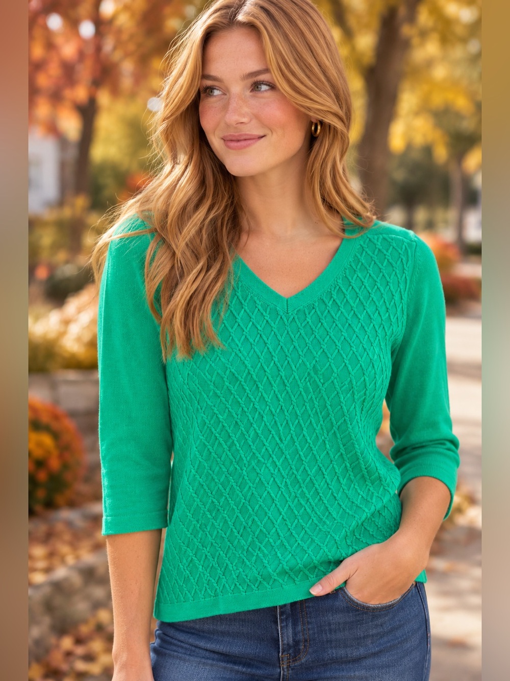 Talbots Emerald Green Diamond-Textured V-Neck Sweater